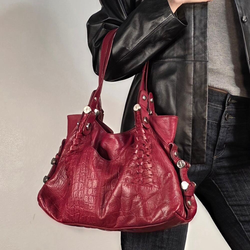 Y2K Oxblood Leather Shoulder Bag B Makowsky Croc Woven Slouchy Hobo
